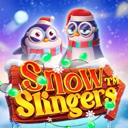 two penguins standing behind the slot name written in text